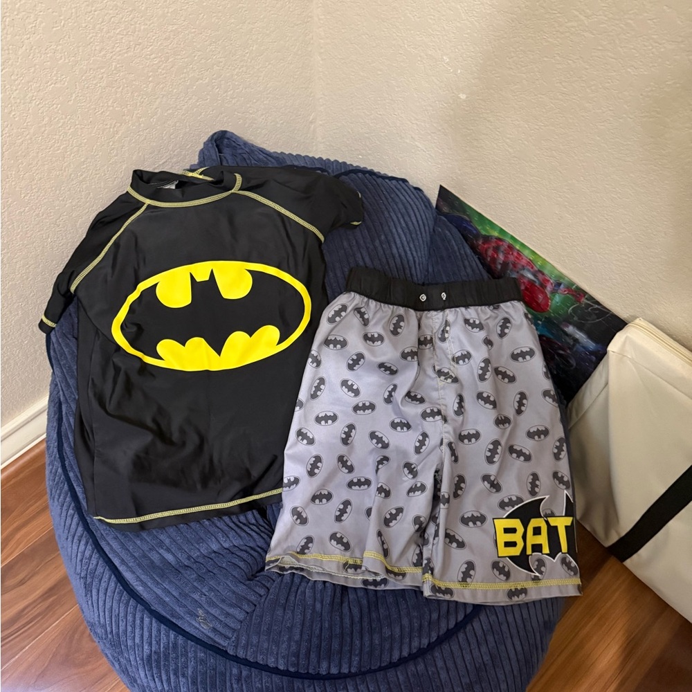 Batman Logo Swim Set - Black & Yellow Rash Guard with Gray Bat Print Trunks